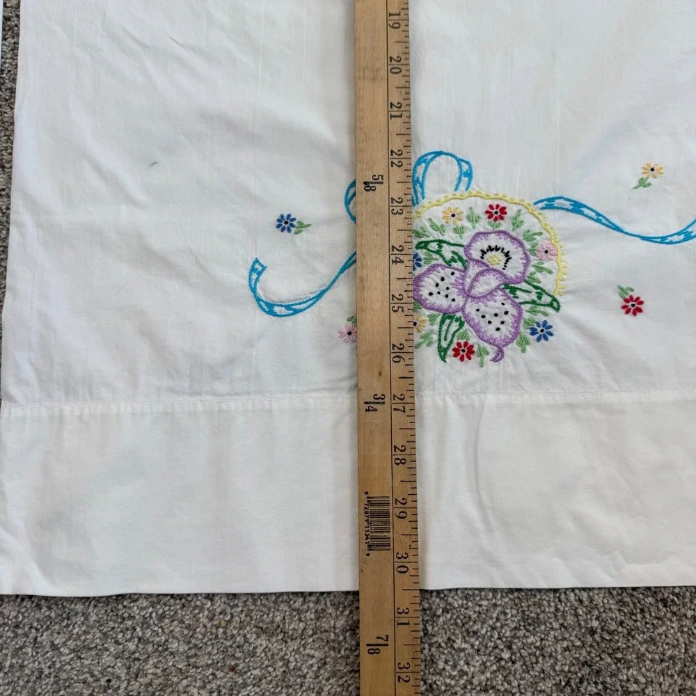 Vintage Hand Embroidered Floral Ribbon Cotton Pillowcase Pair White Cottagecore